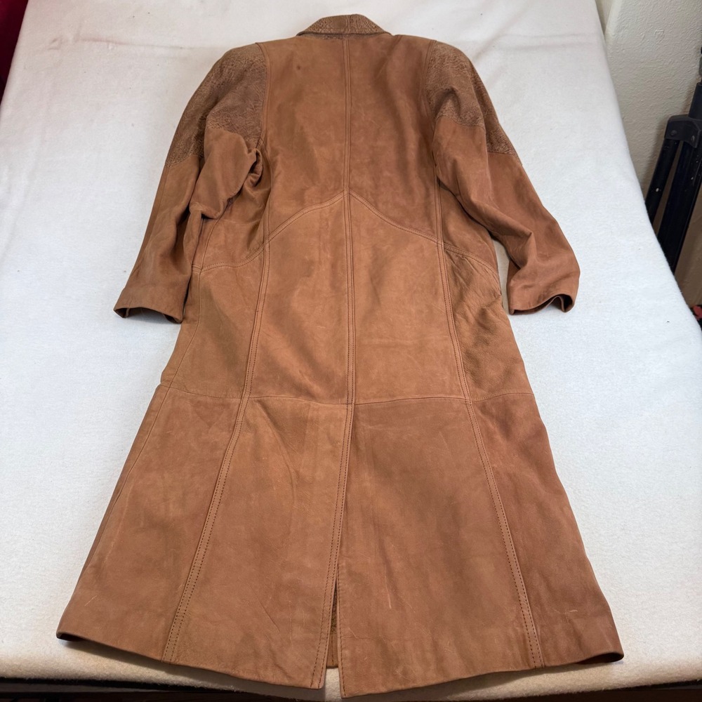 Cayenne Womens Brown Leather Trench Coat Snakeskin Embossed Trim Duster Size M - Picture 2 of 9